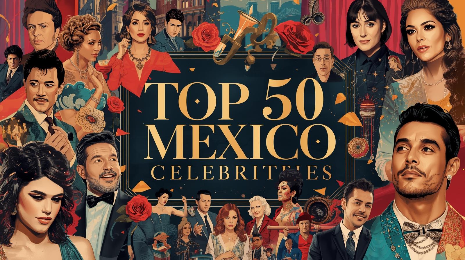 Create a featured image for an article, Top 50 Mexico Celebrities. Let the title show in the image