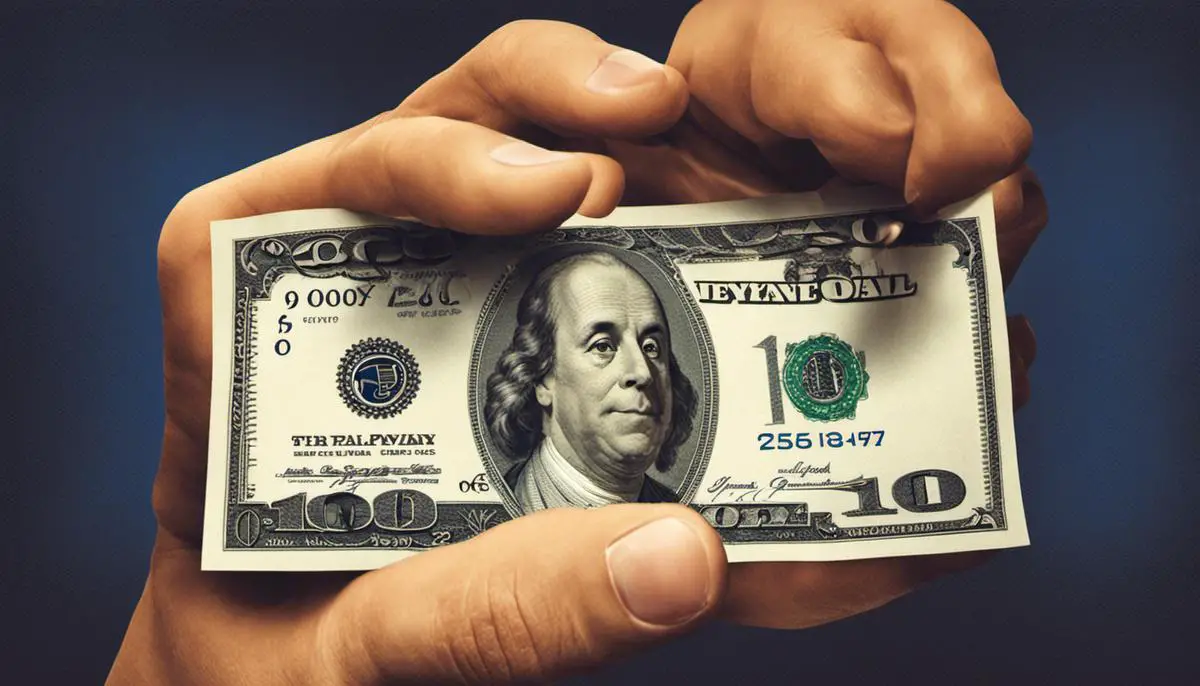 A graphic depicting a hand holding money with the PayPal logo in the background. This image represents the concept of PayPal holds and funds being restricted.