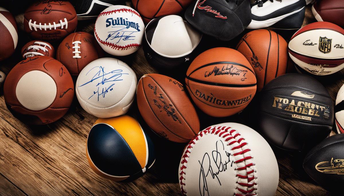 A close-up image of autographed sports memorabilia, showcasing the signatures on various items.