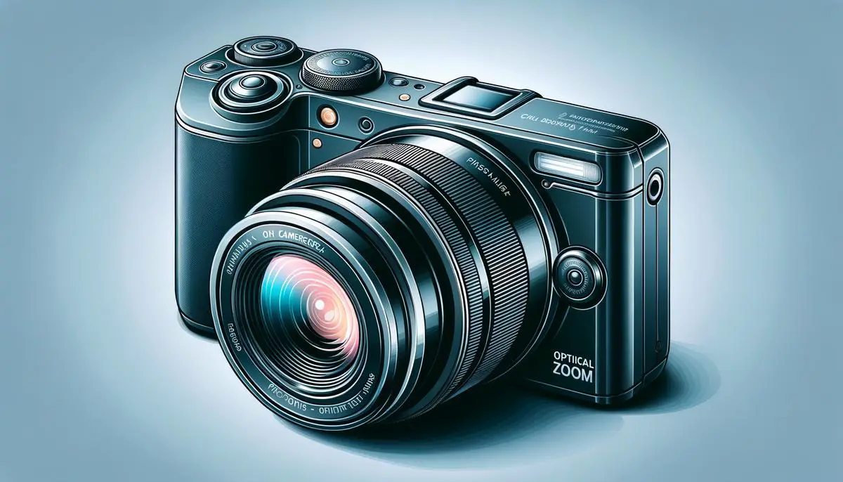 A realistic image of a compact digital camera with optical zoom capabilities
