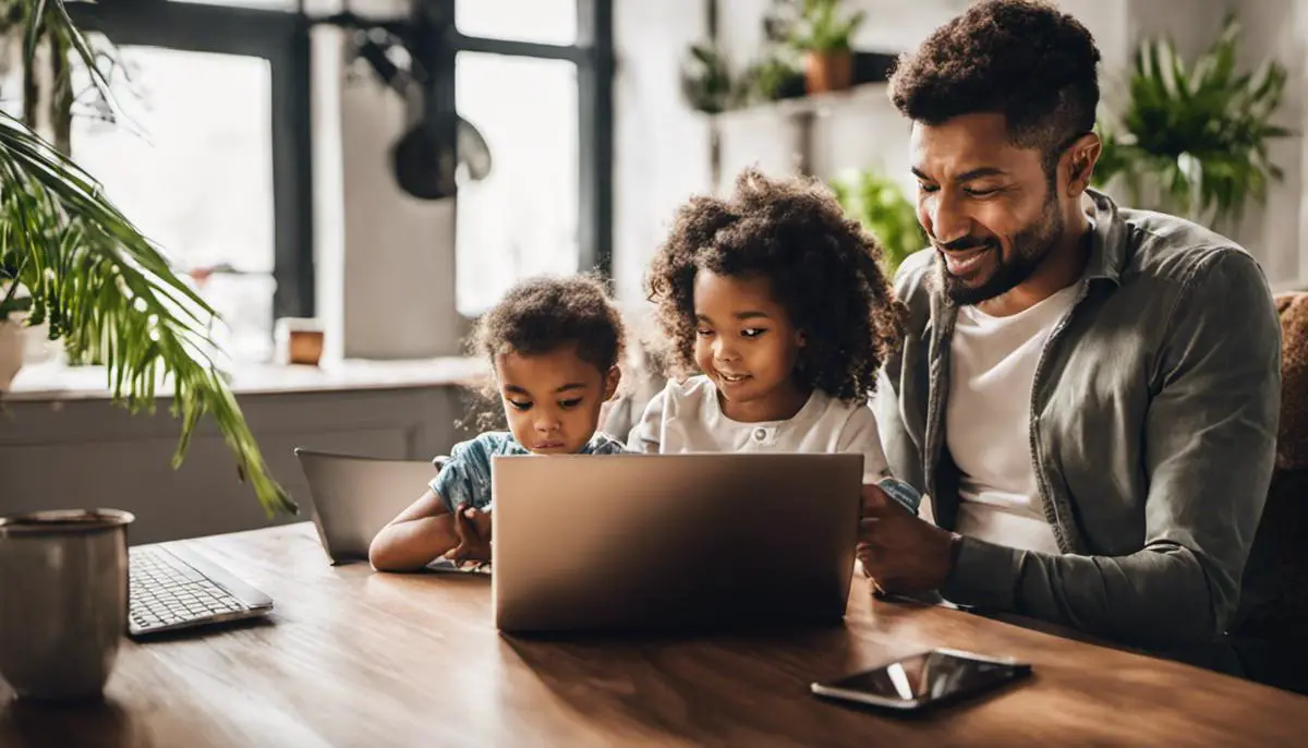 Image of a parent working on a laptop while taking care of their children, symbolizing the benefits of a side job for parents.