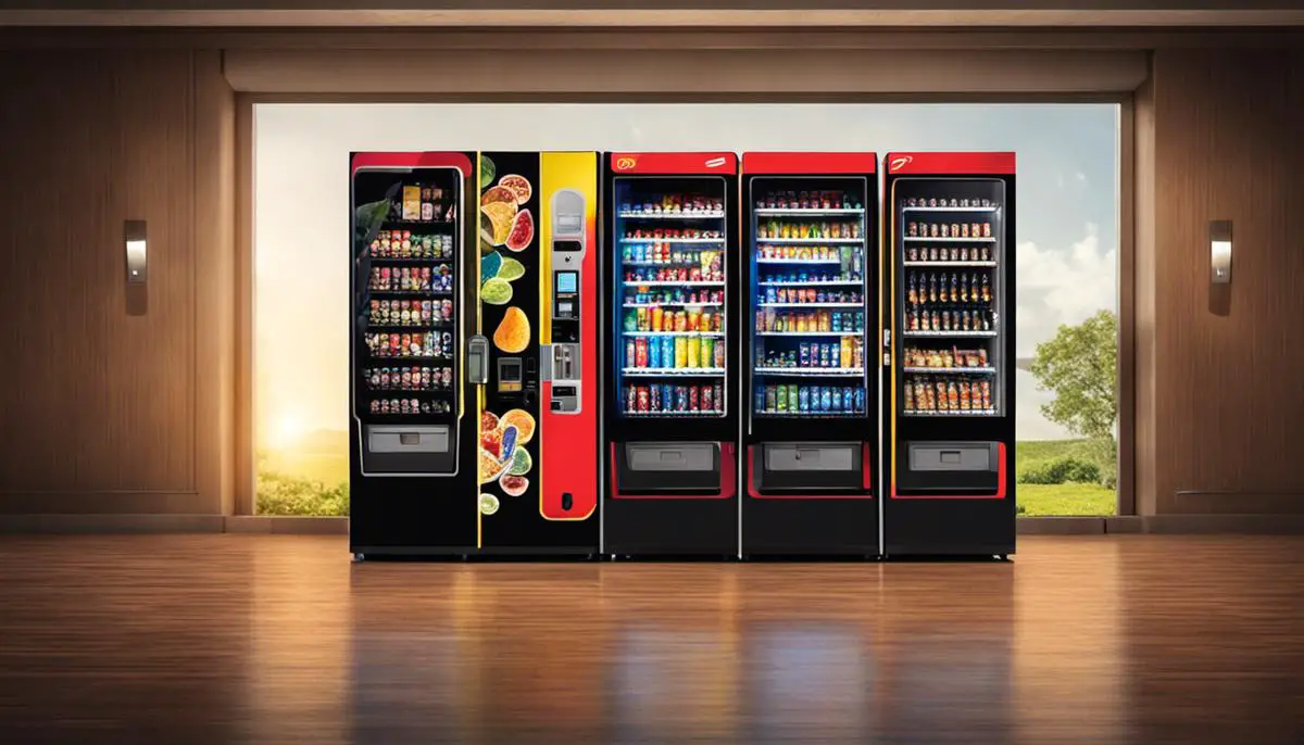 Image depicting a vending machine filled with various snacks and drinks